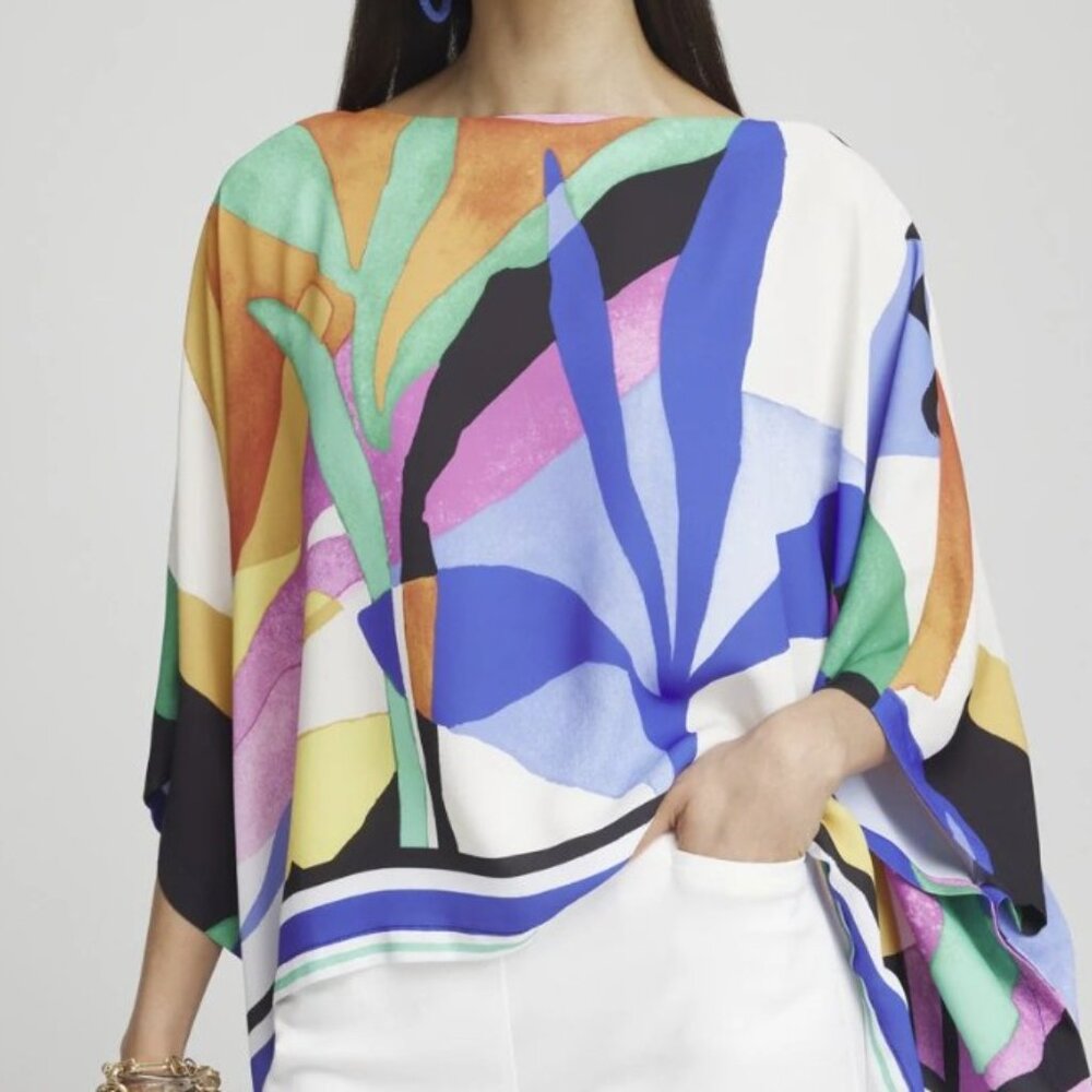 NWT CHICO'S TROPICAL BORDER STRIPE COLORBLOCK MODERN DRAPE BLOUSE SZ S/M